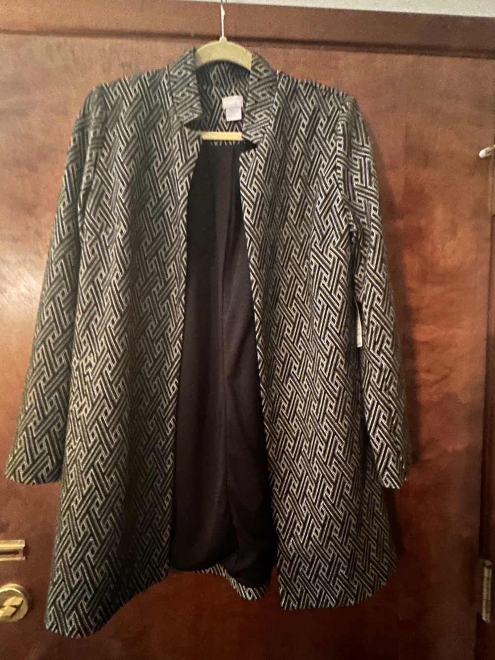 Chico's Black & White Geometric Open-Front Trench Coat